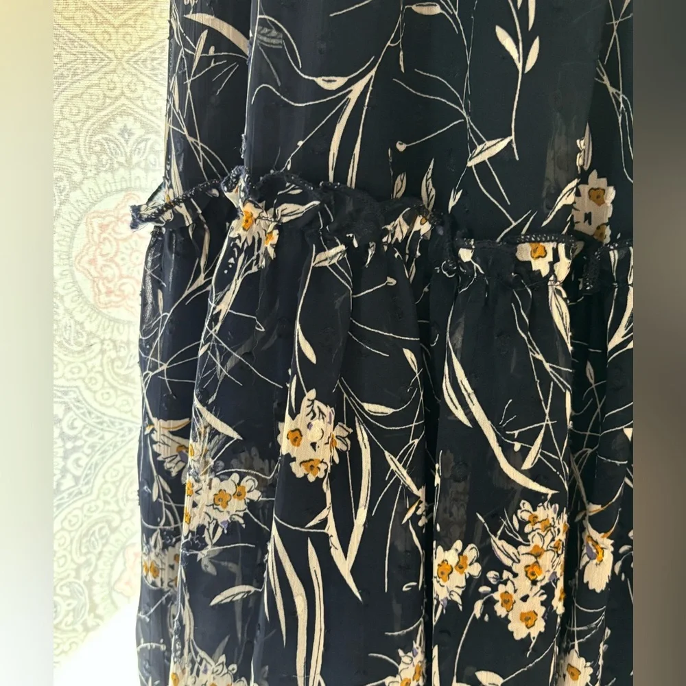 Navy floral dress w/ sheer sleeves,worn on shoulders, smocked waist w/tie - Picture 2 of 3